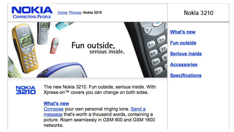 Nokias webbplats visar Nokia 3210.