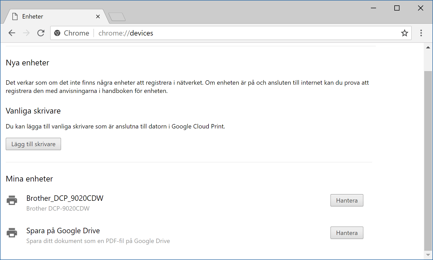 Google Cloud Print-inställningarna i Chrome
