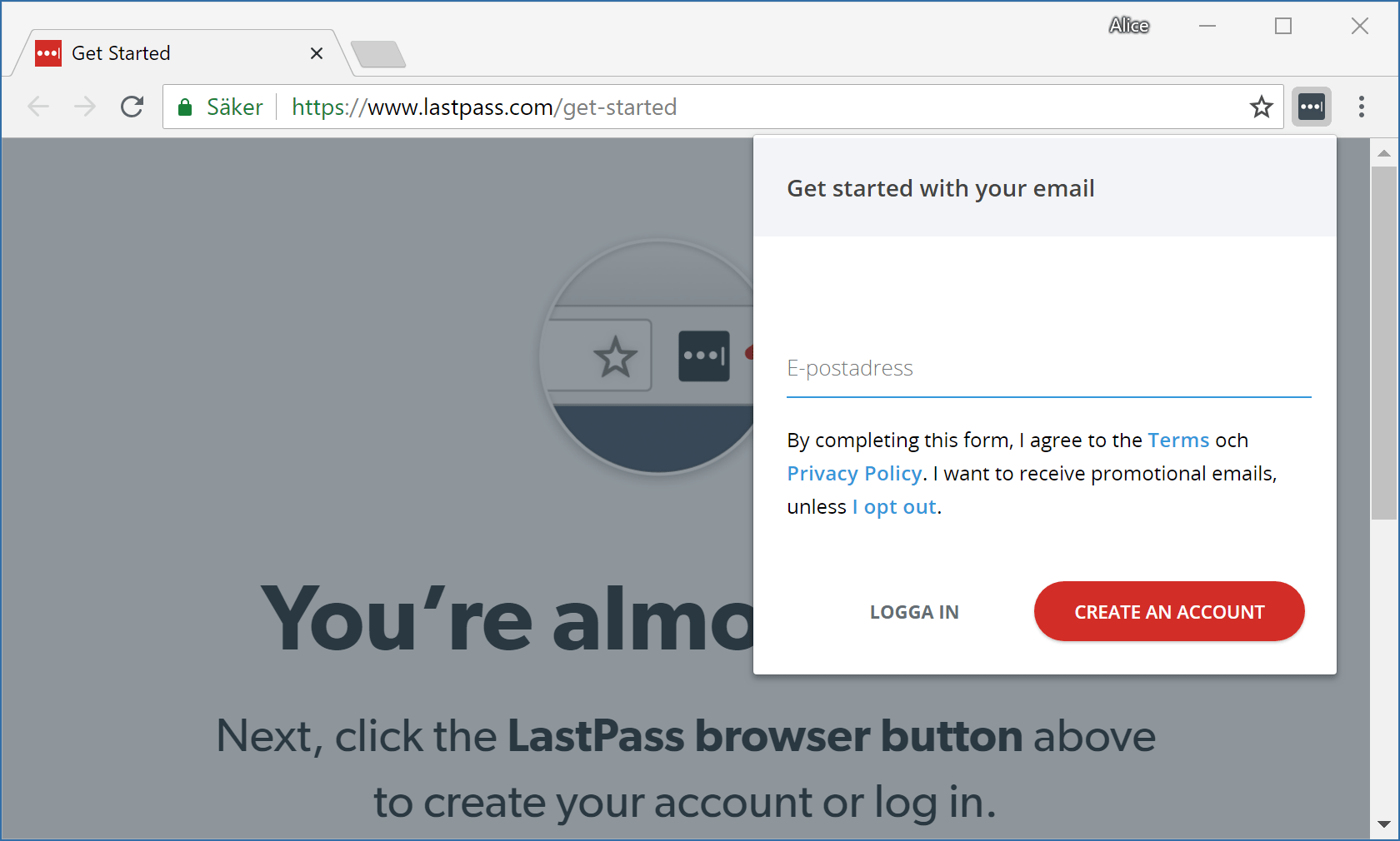 Vi skapar ett nytt Lastpass-konto direkt från webbläsartillägget.